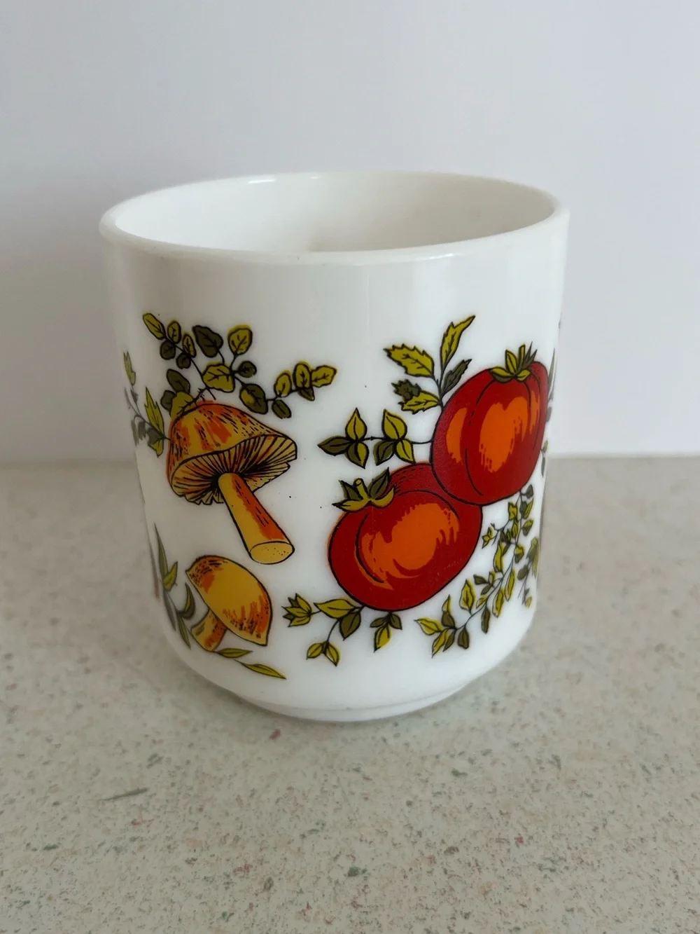 Arcopal France Mushrooms Milk Glass Mug Vegetables Onions Tomato Vintage 8oz Cup